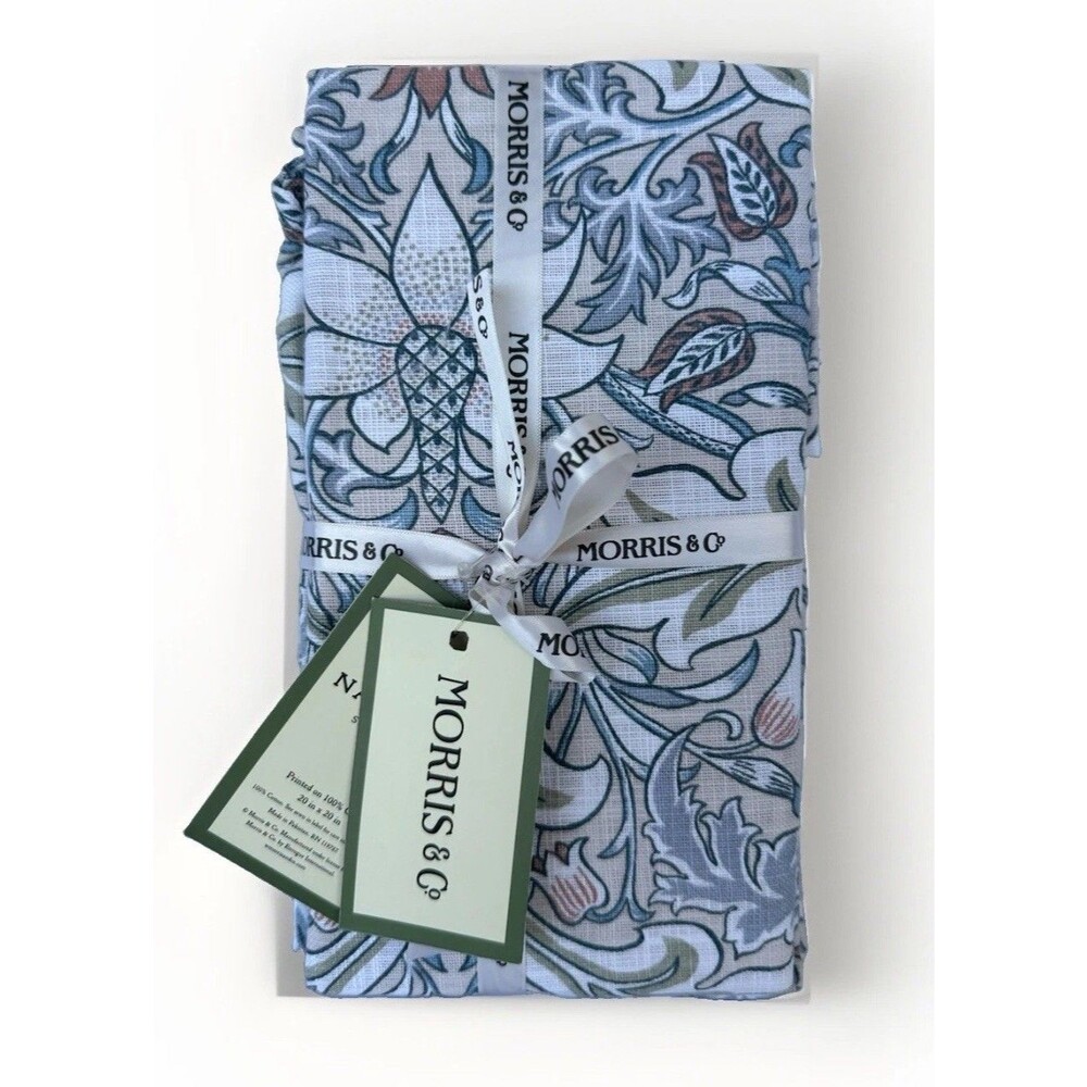 WILLIAM MORRIS & Co Cotton Fabric Napkins Set Of 8 SEVERNE Tan Blue Cream Floral